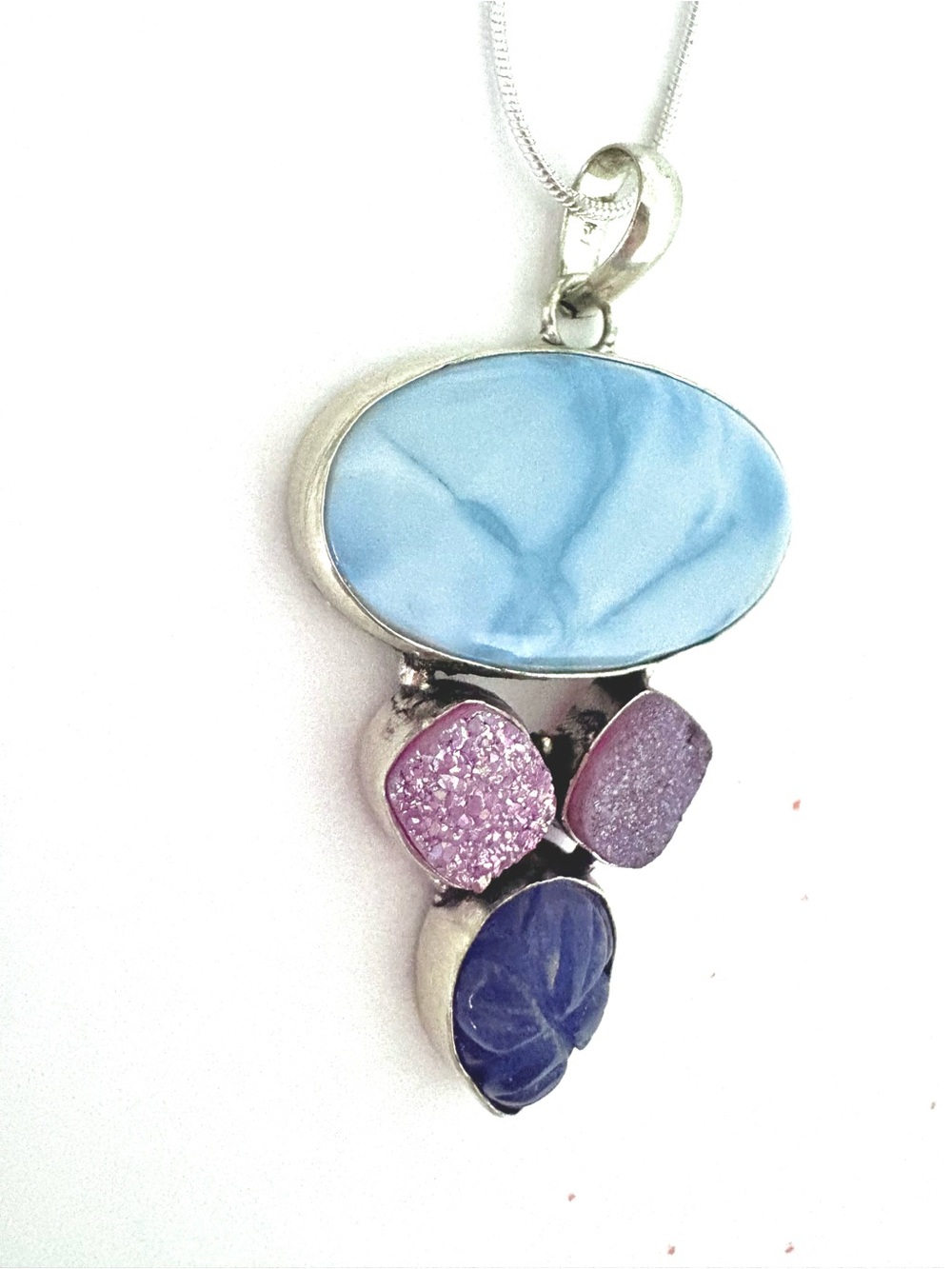 2 inch, Owyhee Blue Opal and Titanium Druzy Pendant, on a silver chain.